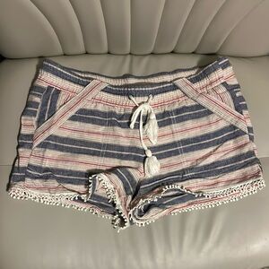 Rewind Blue and Red Linen Blend Shorts with Lace Trim - M